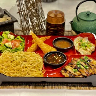 Saigon Bento Deluxe (Grilled Chicken, Torpedo Shrimp, Spicy Wonton, Garlic Noodle)