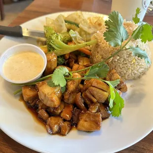 a plate of food with rice and vegetables