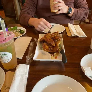 wings and a yummy drink, green tea cucumber mojito