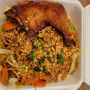 Stir fry noodles and crispy chicken.