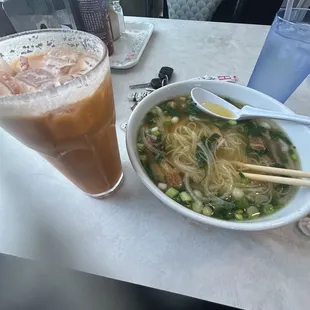 Chicken noodle soup and Thai tea