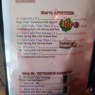 Appetizer menu