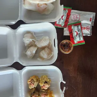 Siu mai, ha cao, and banh cuon tom.