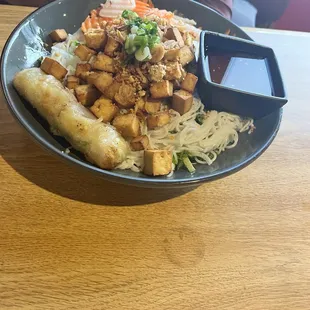 Crispy noodle bowl with spicy fish sauce