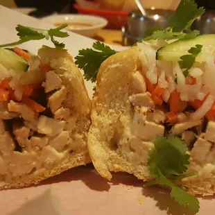 Inside of the grilled chicken banh mi