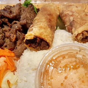 Beef and eggrolls rice plate