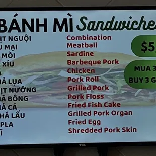 Banh mi menu