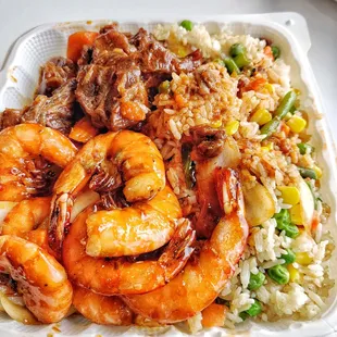 Fried rice with beef curry and caramelized shrimp