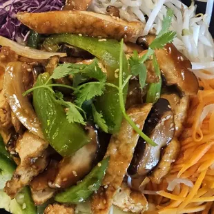 Tofu vegan rice noodles bowl