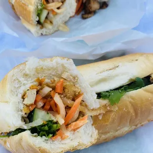 Veggie with Shredded Tofu Banh Mi (Front) and BBQ Chicken Banh Mi (Back)