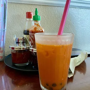 Thai tea with only a few boba in it