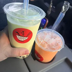 Honeydew wave and Papaya Sunset with tapioca pearls.