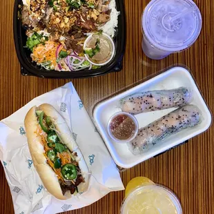 Chargrilled BBQ Pork Banh Mi Chargrilled BBQ Pork Rice Bowl Shrimp &amp; Pork Spring Rolls Passion Fruit Tea Taro Tea