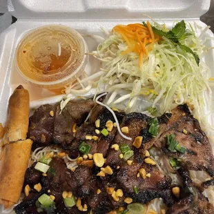 Vermicelli with Grilled Pork and Fried Egg Rolls