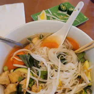 Vegan pho with tofu and vegetables. $14