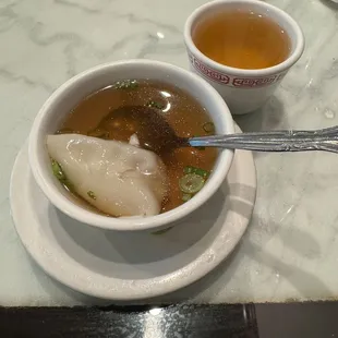 Wonton soup and hot tea