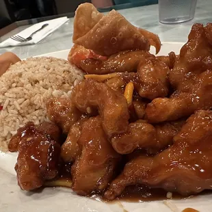 Dinner Special #16 - Orange Chicken w/pork fried rice, fried wonton, spring roll, &amp; soup (not pictured &apos;cause I ate it)