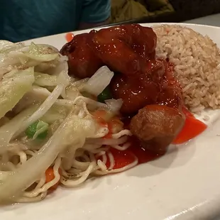 Individual Combo #1- Sweet &amp; Sour Pork, Chow Mein (soft noodle style), &amp; pork fried rice (not pictured: soup)