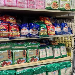 shelves of rice and other food items