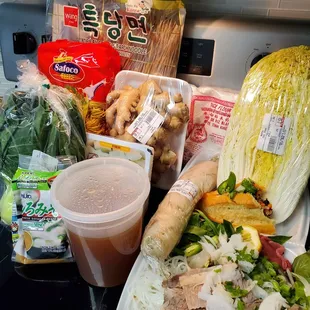 a variety of food items on a counter