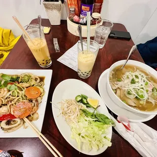 three plates of food on a table