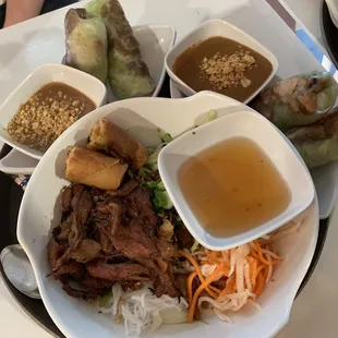 Bun Thit Nuong Cha Gio (grilled pork) and spring rolls with peanut sauce