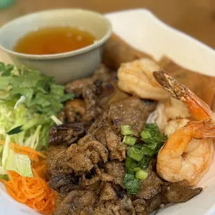 grilled pork, shrimp, and egg rolls vermicelli plate