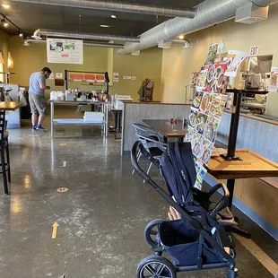 a baby stroller in a restaurant