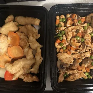Sweet and sour chicken on the left. Cashew Chicken on the right.