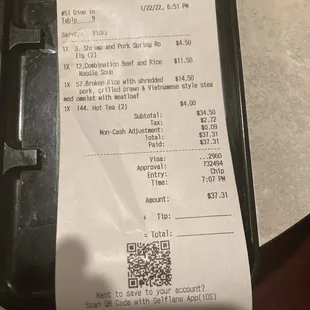 Saigon Restaurant.  The receipt.