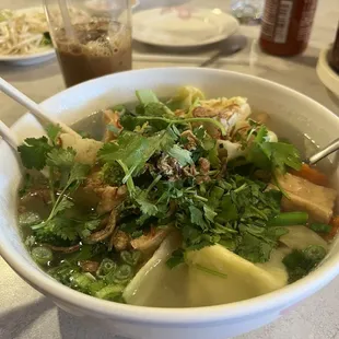 Rice noodle soup with tofu and vegetables