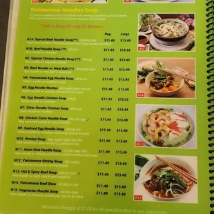 Pho Menu as of 8/2021
