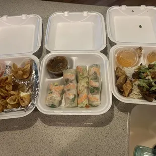 Crab Rangoon, shrimp and pork spring rolls, and combination vermicelli noodles.