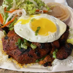 a plate of food with rice, meat, and an egg