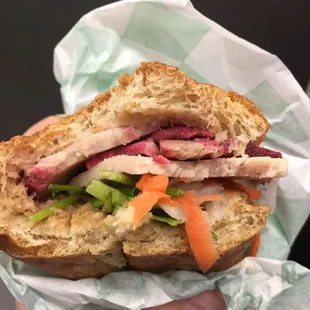 Special combo BBQ pork and steamed pork roll with sweet carrots white radish fresh cilantro and mayo , yum!