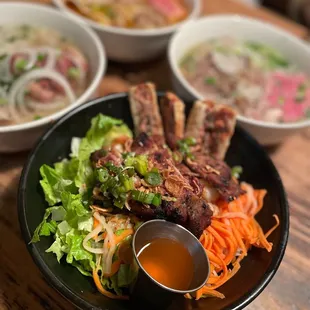 Grilled Pork Chops, Shrimps and Fried Spring Rolls