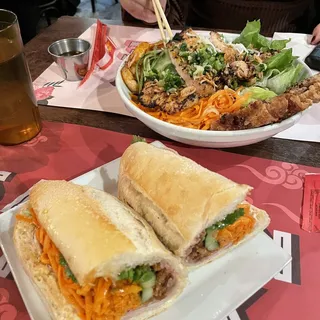 Grilled Lemongrass Chicken, Shrimps, and Fried Spring Rolls