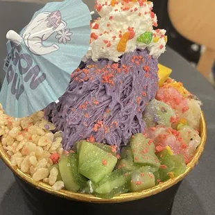 Small Ube base with strawberries and mangos