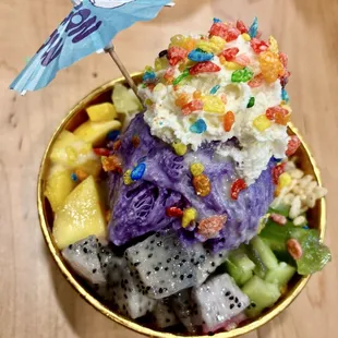 Ube snow bowl w/ dragon fruit and Mango