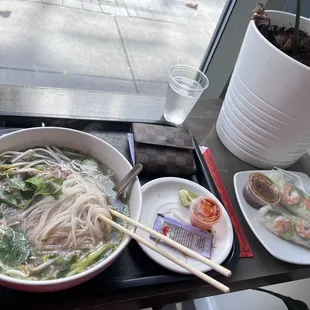 Beef Pho and shrimp spring rolls
