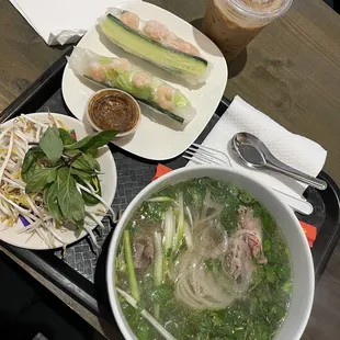 Beef Pho, Shrimp fresh spring rolls and Vietnamese coffee.