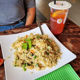 Shrimp fried rice and orange strawberry fruit tea