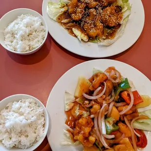 two plates of food and rice