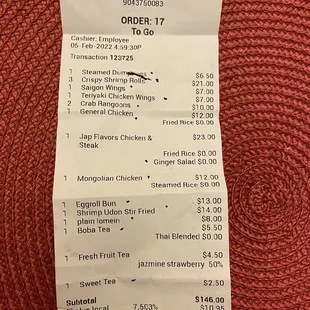 the receipt for the restaurant