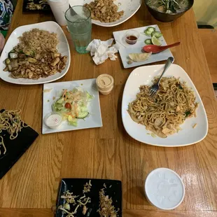 Chicken chowmein, beef shrimp chicken pho, egg fried rice, steamed dumplings