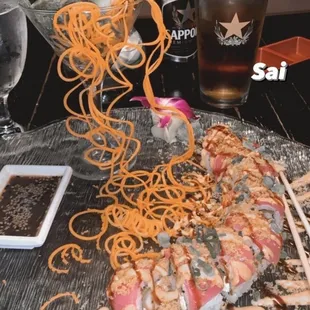 Shrimp/tempura/crab mix/cream cheese mix/tuna crunch, plus a lobster tail with spicy Mayo and ponzu sauce!! $32, very worth it to me.