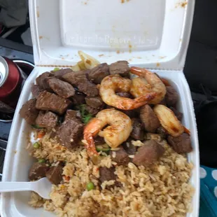 Steak, Shrimp and Rice.
