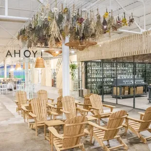 From the moment you walk into the building, you're surrounded by nature, with a dried flower installation hanging from the ceiling.