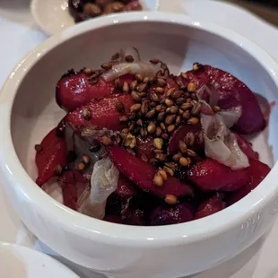 November 18, 2023; Poached Radishes with Lambic and Guanciale ($13).