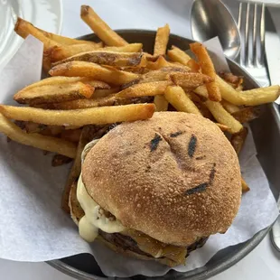 a hamburger and french fries on a plate